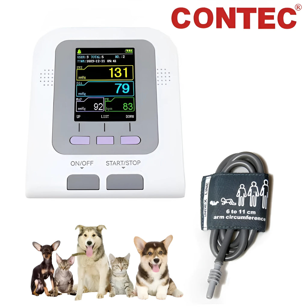 CONTEC08A veterinary digital blood pressure monitor unit with colour screen and three animal cuff sizes.