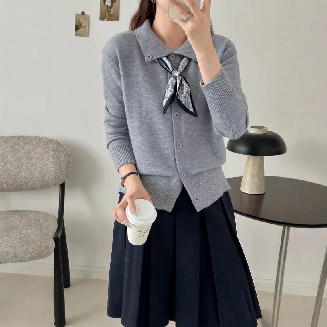 Beige lapel scarf sweater cardigan with splicing design and long sleeves