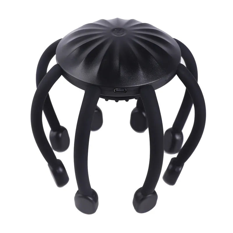 Black eight-claw head massager with flexible silicone tips and USB cable.