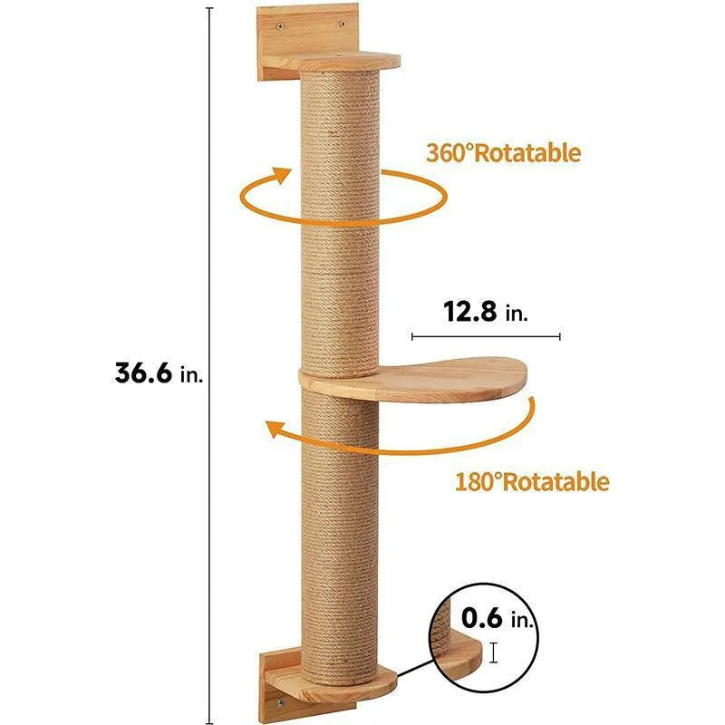 Wooden wall-mounted cat climbing frame with rope ladders and jumping platform in natural wood colour