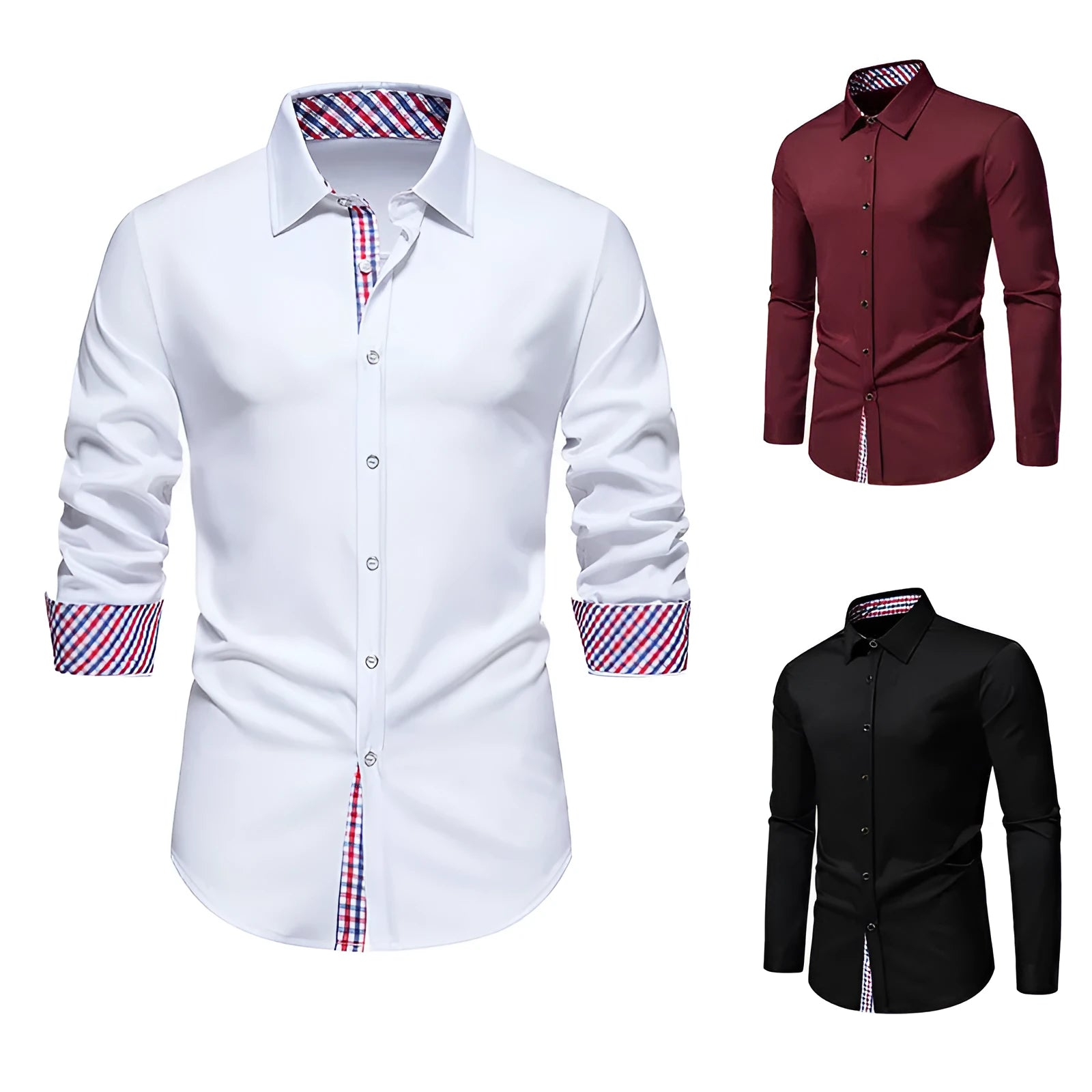 Men's loose plaid casual long-sleeved shirt in chemical fibre blend available in black, white, and wine red colours
