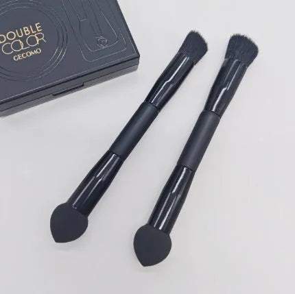Double-headed miter sponge concealer brush with black wooden handle and artificial fibre bristles