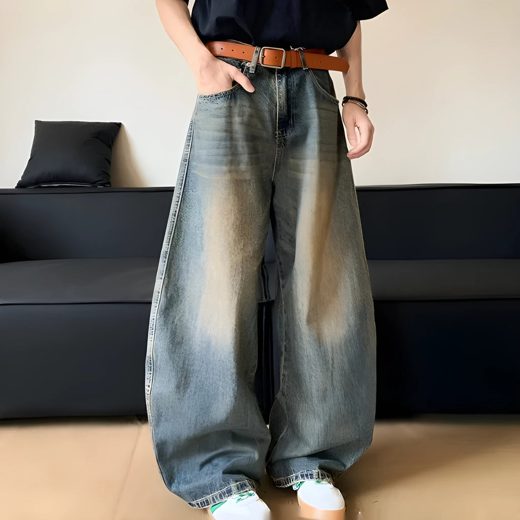 Men's retro blue distressed wide-leg denim jeans with micro-elastic fabric and zipper fly