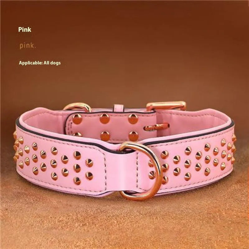Leather dog collar with metal rivets in chocolate colour, shown with a D-ring and buckle.