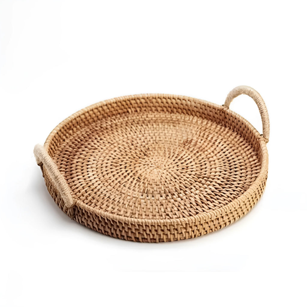 Round handwoven rattan storage basket with wooden handle showing three size options
