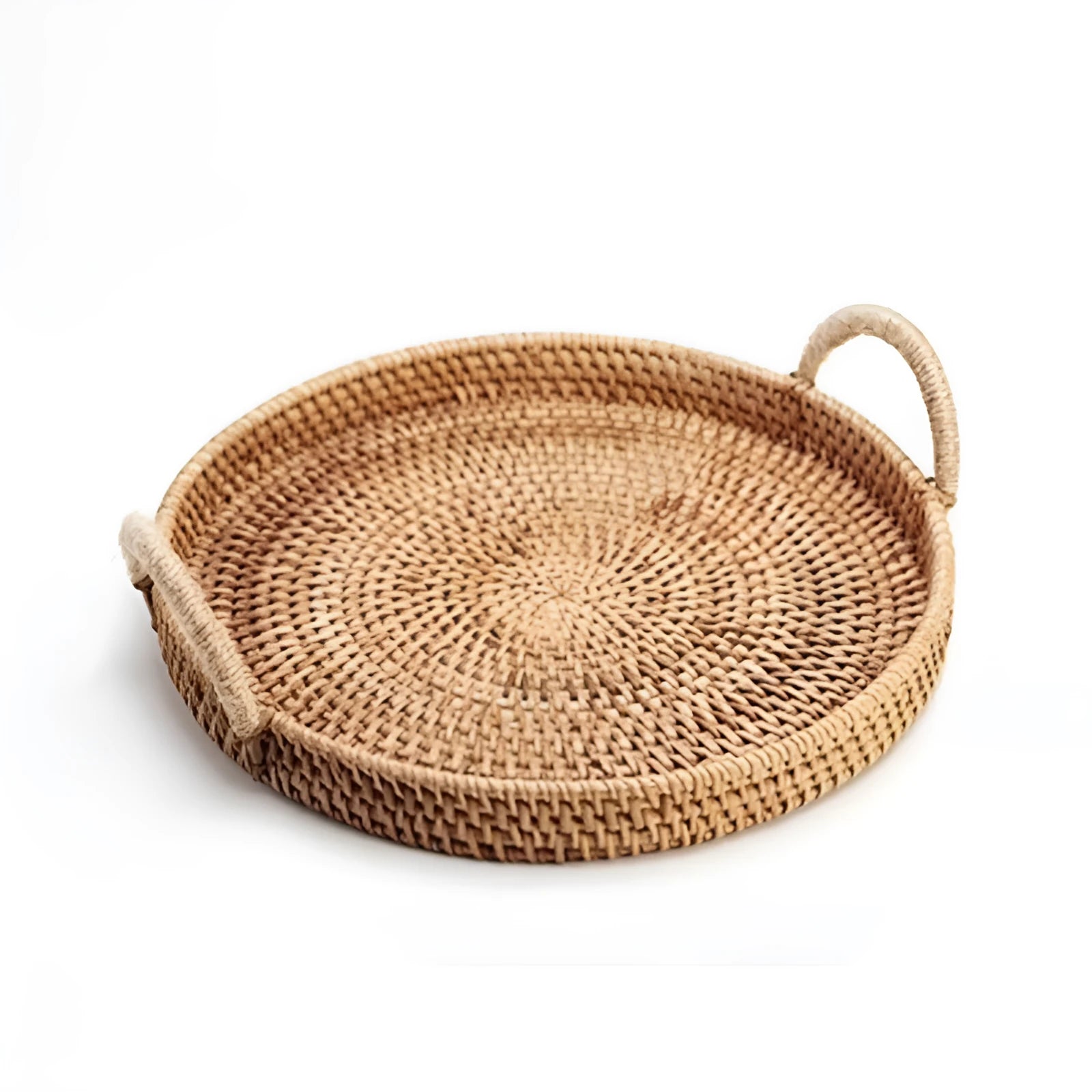 Round handwoven rattan storage basket with wooden handle showing three size options