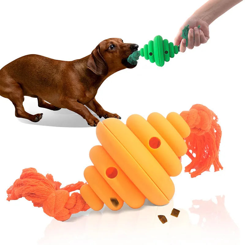 Green and yellow dog ball with integrated rope, hollow treat-dispensing design
