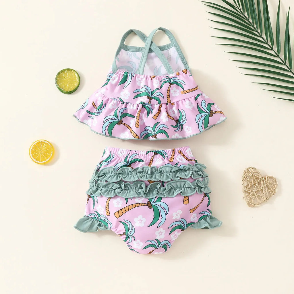 Girls' white sweet style two-piece swimsuit set with shirt top and shorts