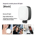Black and white mini portable fill light with magnetic phone holder, showing three colour temperature buttons and a dimming slider.