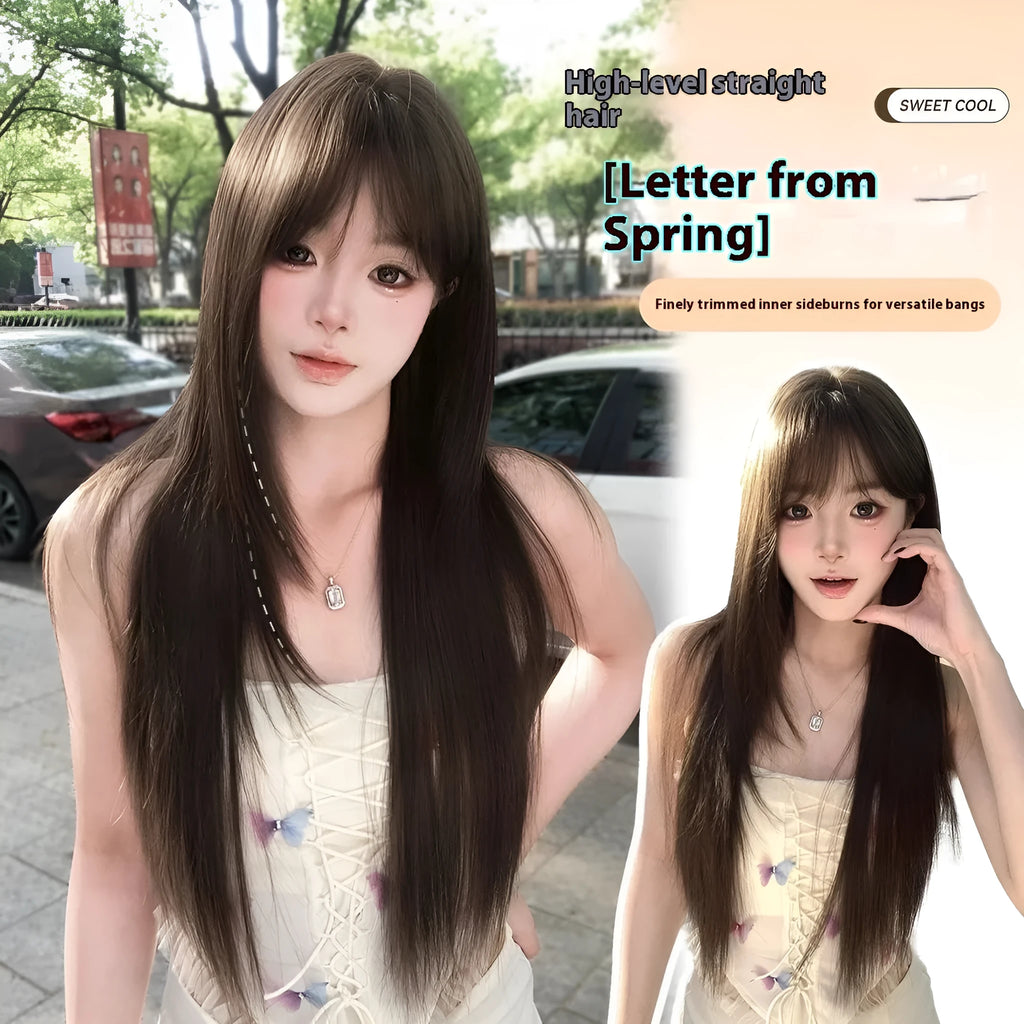 Brown black high-temperature fibre wig with wear-free hair net base