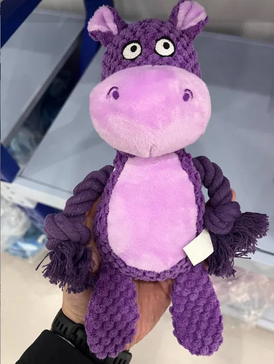 Colourful plush animal dog toy with integrated cotton tug rope