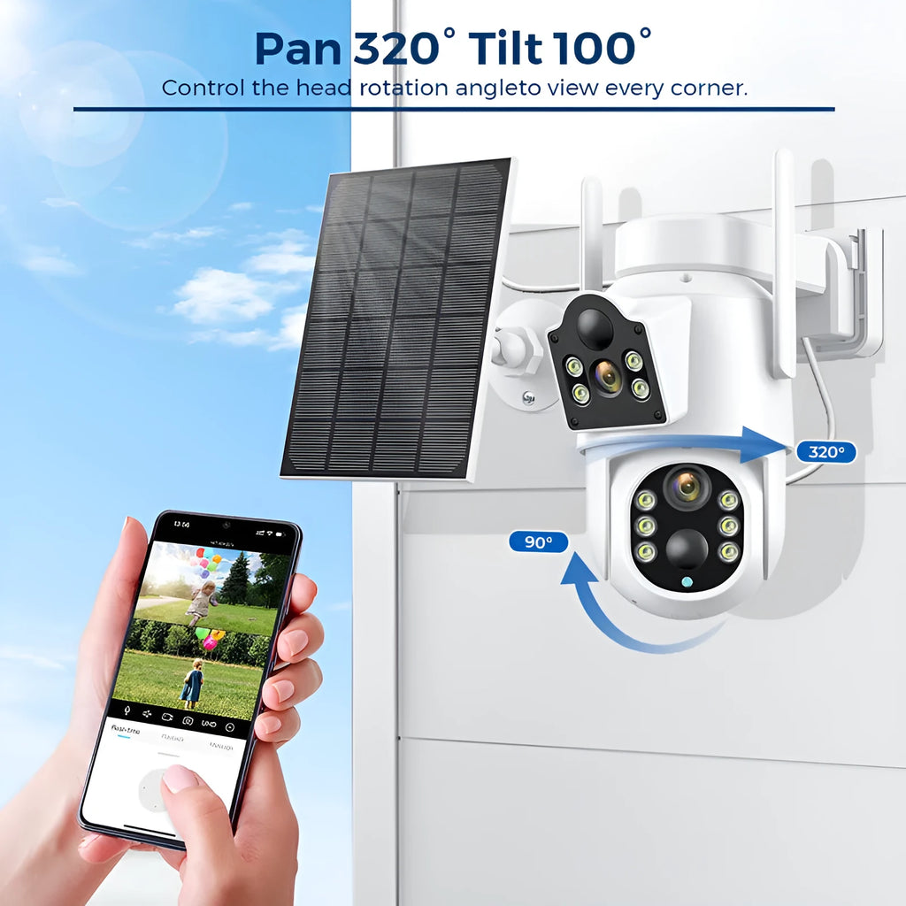 White outdoor solar-powered wifi security camera with solar panel on a wall