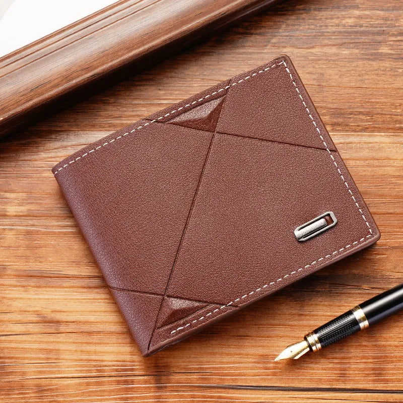 Men's thin three-fold horizontal wallet in PU leather with multiple card slots