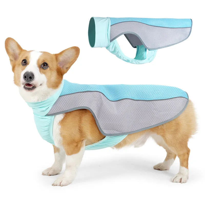 Light grey polyester mesh dog cooling vest showing breathable fabric texture on a mannequin