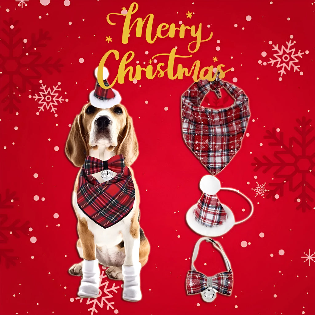 Red plaid Christmas triangle pet towel with embossed pattern, measuring 60x45cm, tied around a dog's neck.