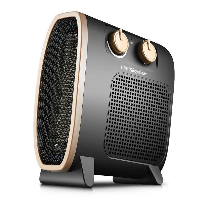 White electric fan heater with mechanical control dials on a dark background.