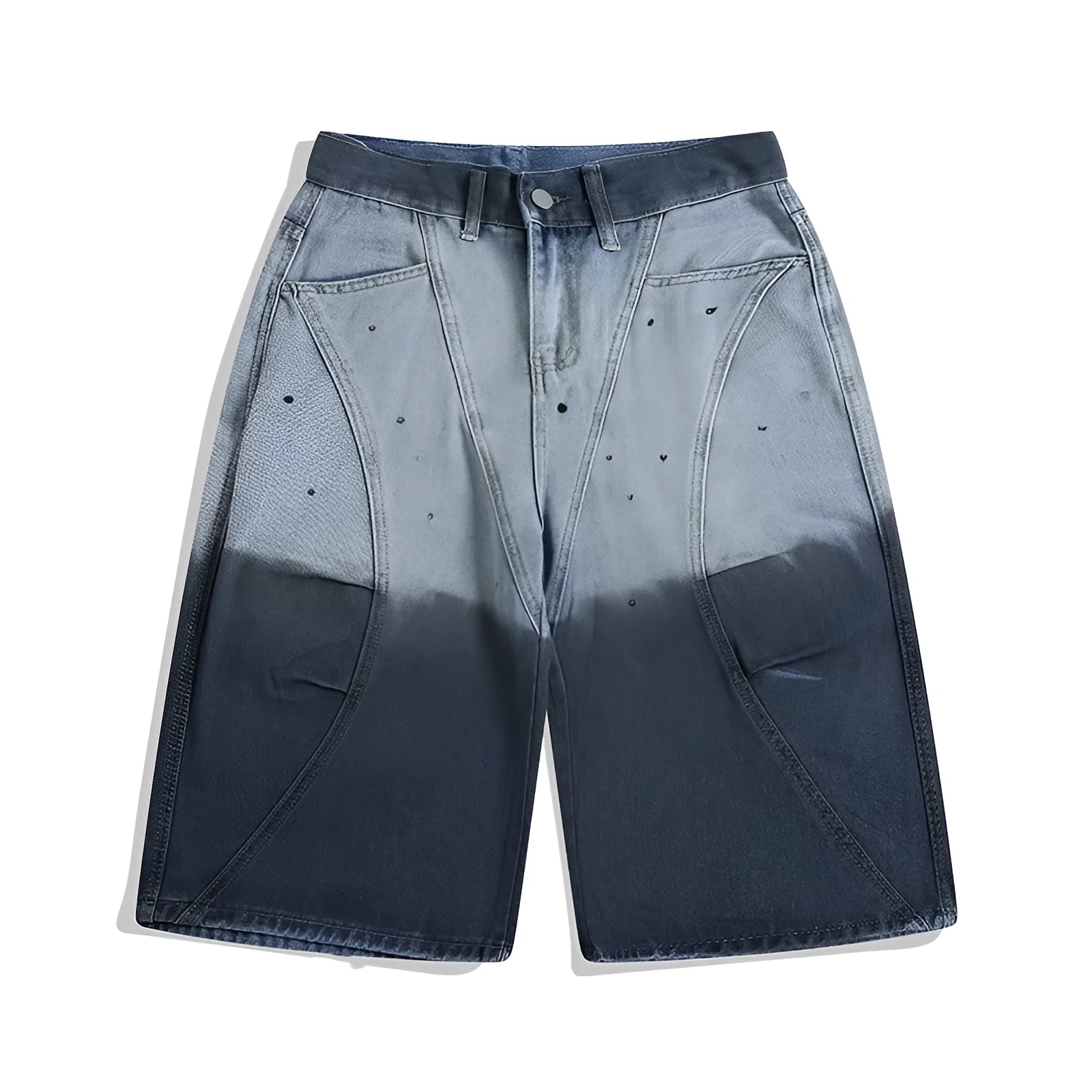Blue tie-dye gradient cropped jeans with worn-washed finish and loose casual fit