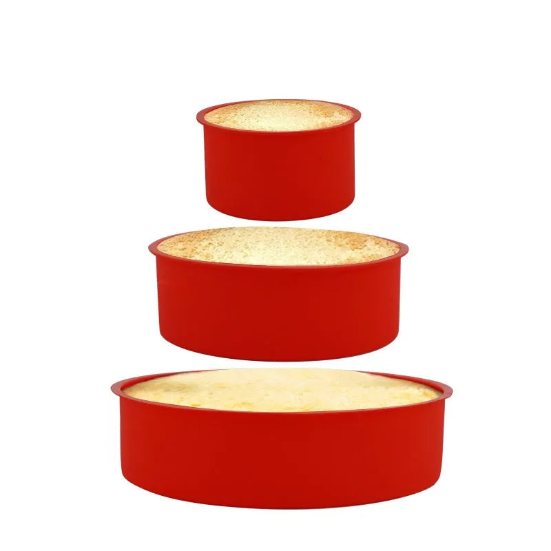 Red silicone round cake baking mould showing three size options: 8-inch, 6-inch and 4-inch