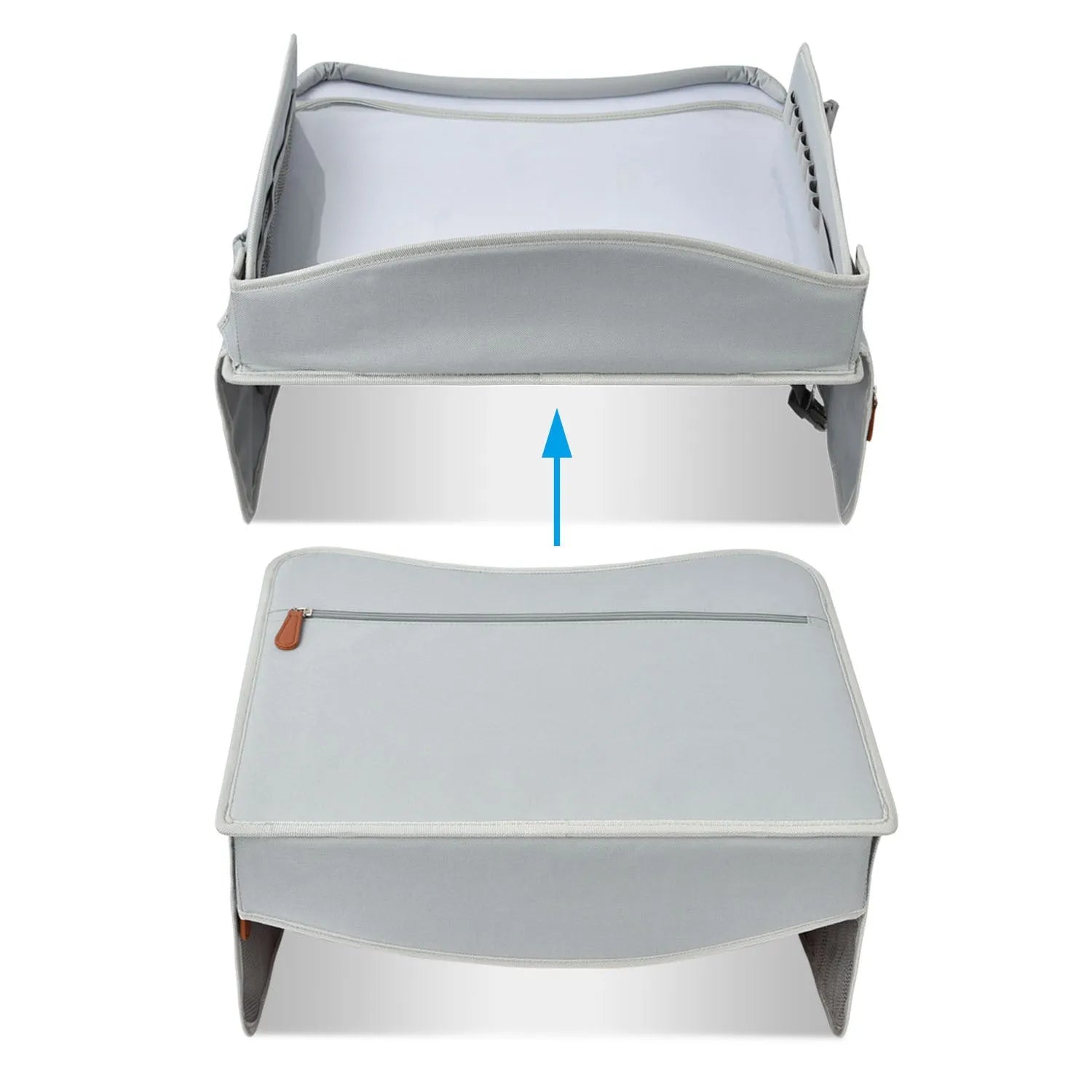 Gray portable car safety seat tray made from Oxford cloth measuring 43x36.5x30cm