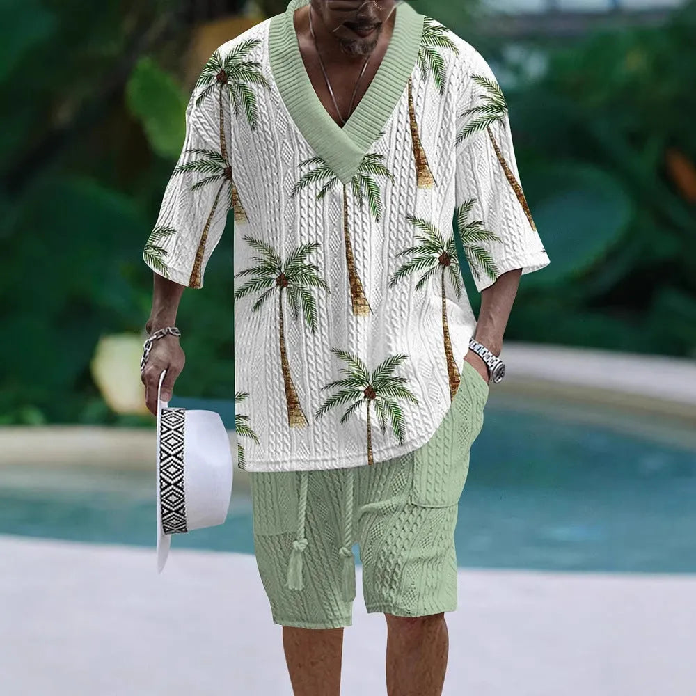 Loose casual short sleeve suit set in polyester fabric showing top and shorts in available colour options