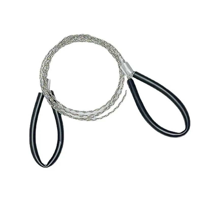 Black and red coloured outdoor survival hand saw with stainless steel cutting wire, shown at full 70 cm length.