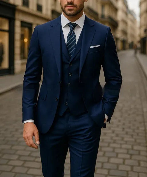 Men's three-piece business suit set in dark gray, including jacket, vest, and trousers, polyester fabric, size M.