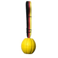 Floating EVA foam dog training ball with string in camouflage or yellow colour, shown in 6.5cm, 7cm, and 9cm diameter sizes
