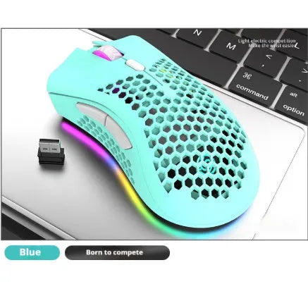 BM600 hollow out honeycomb wireless gaming mouse in black, cyan, or white colour with USB receiver.