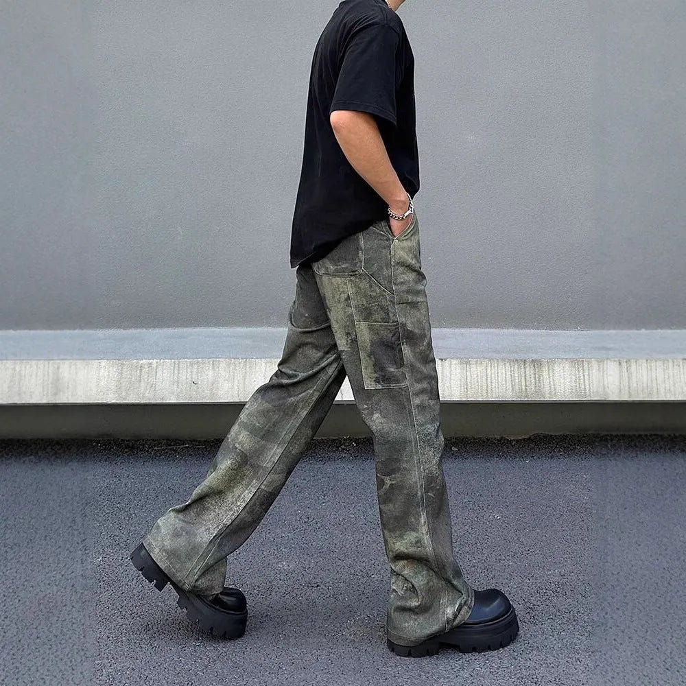 Men's straight-leg camouflage jeans with digital injection pattern in cotton denim fabric
