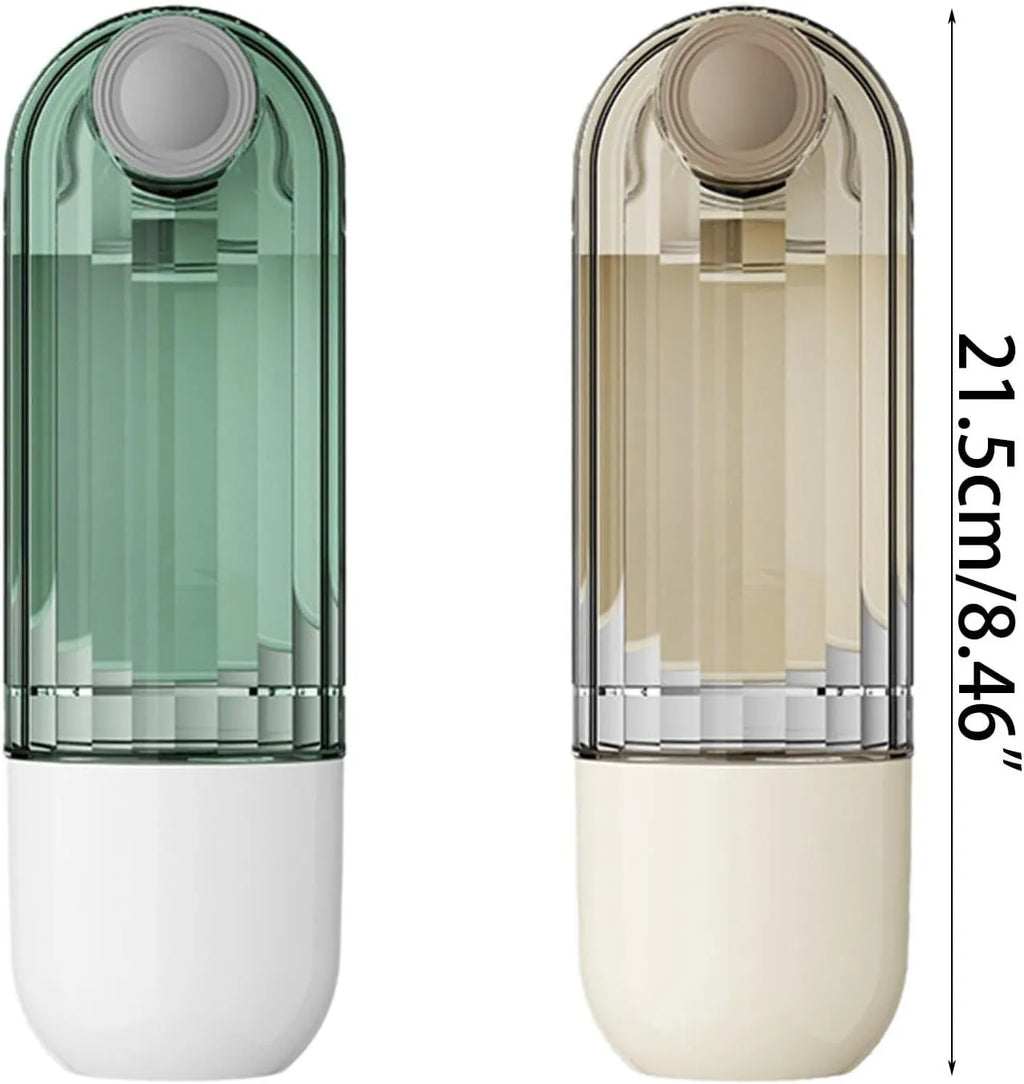 Beige and green foldable leak-proof dog water bottle with food container for outdoor use