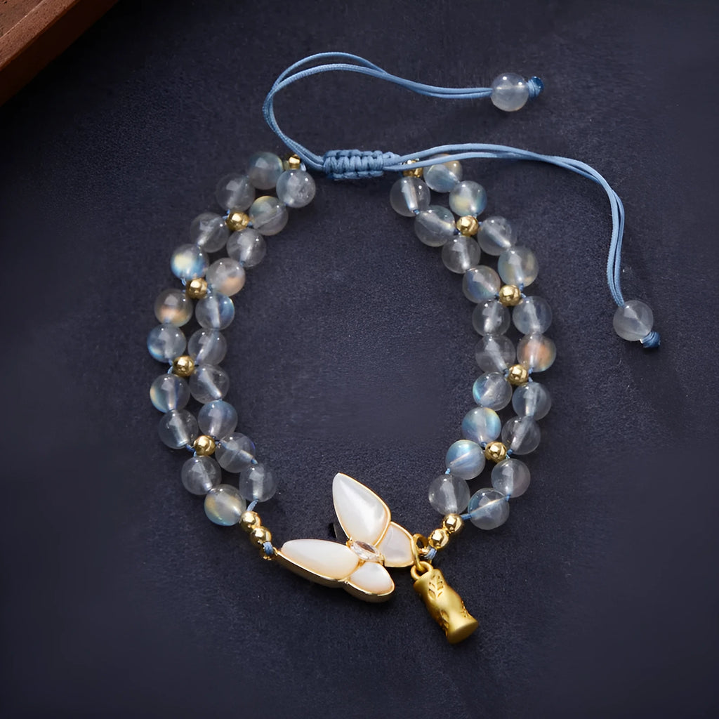 Gray moonstone bracelet with butterfly woven rope design and geometric retro styling