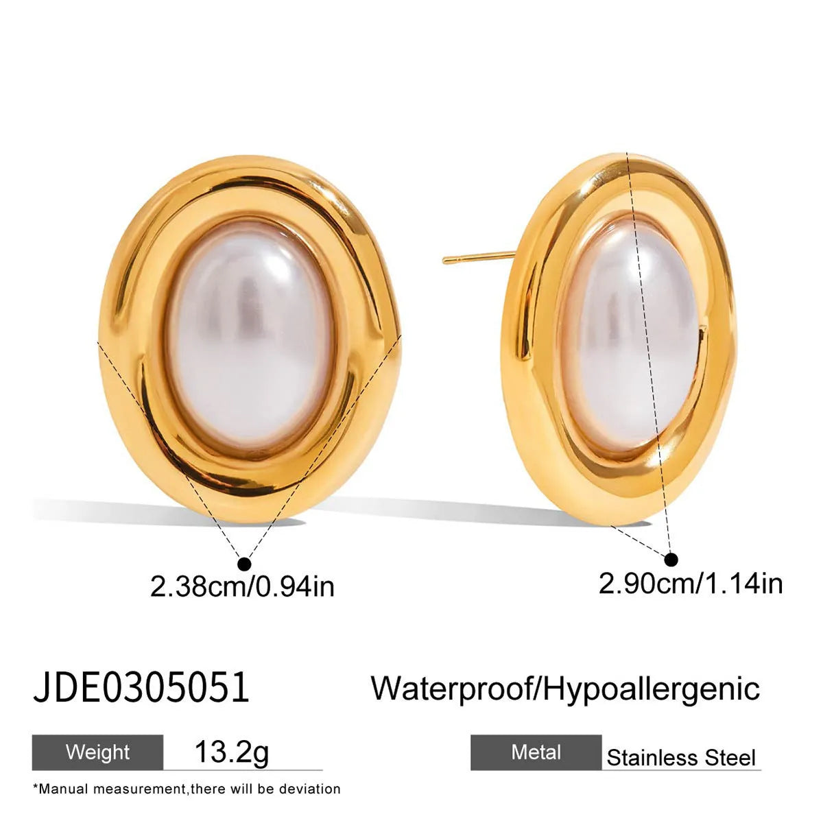 Small vintage-style pearl ear studs with a gold-tone finish on a stainless steel post.
