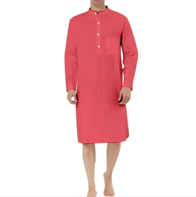 Men's cotton shirt robe in light blue colour with front pocket and shirt-style design