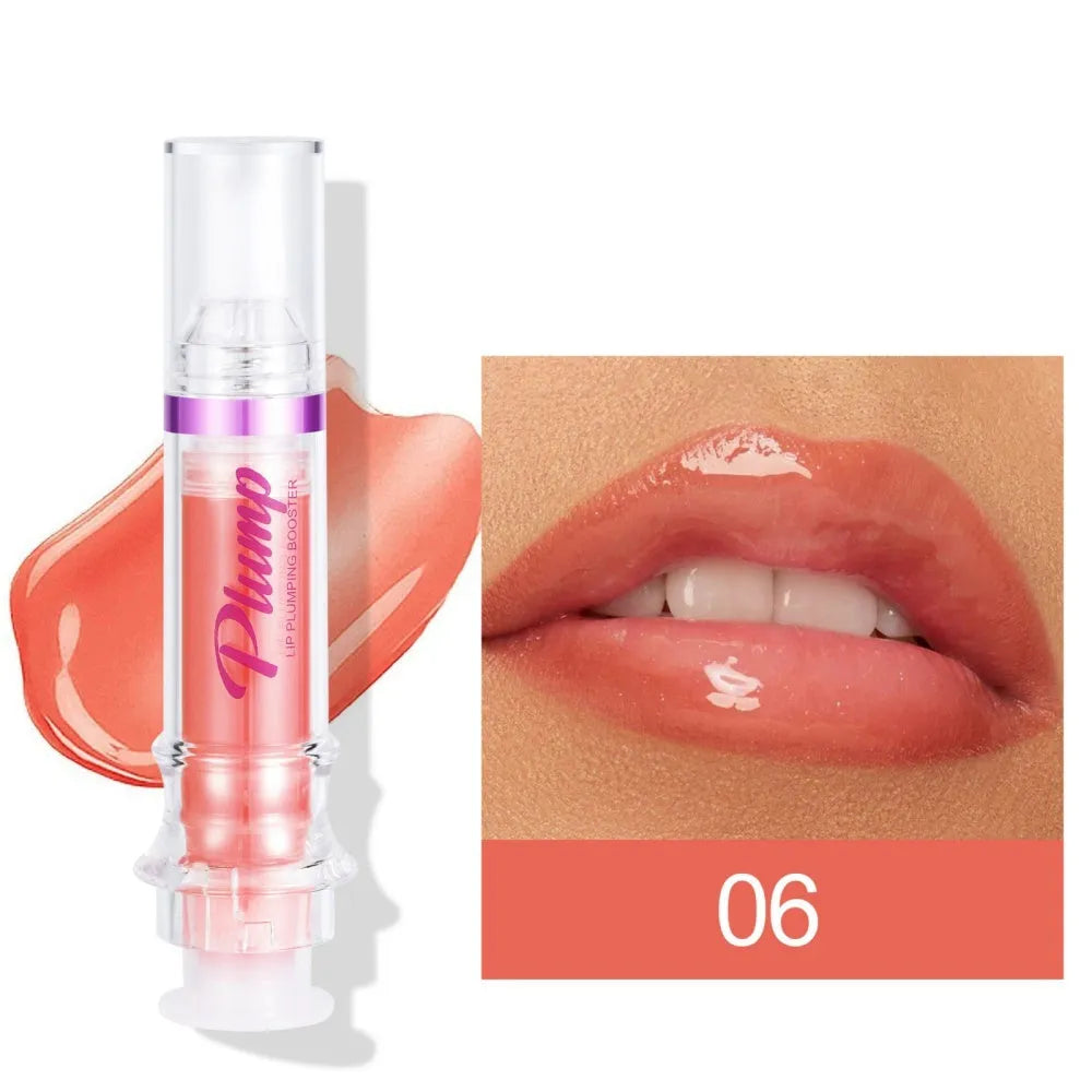 Lip gloss tube with mirror finish showing shiny application on lips