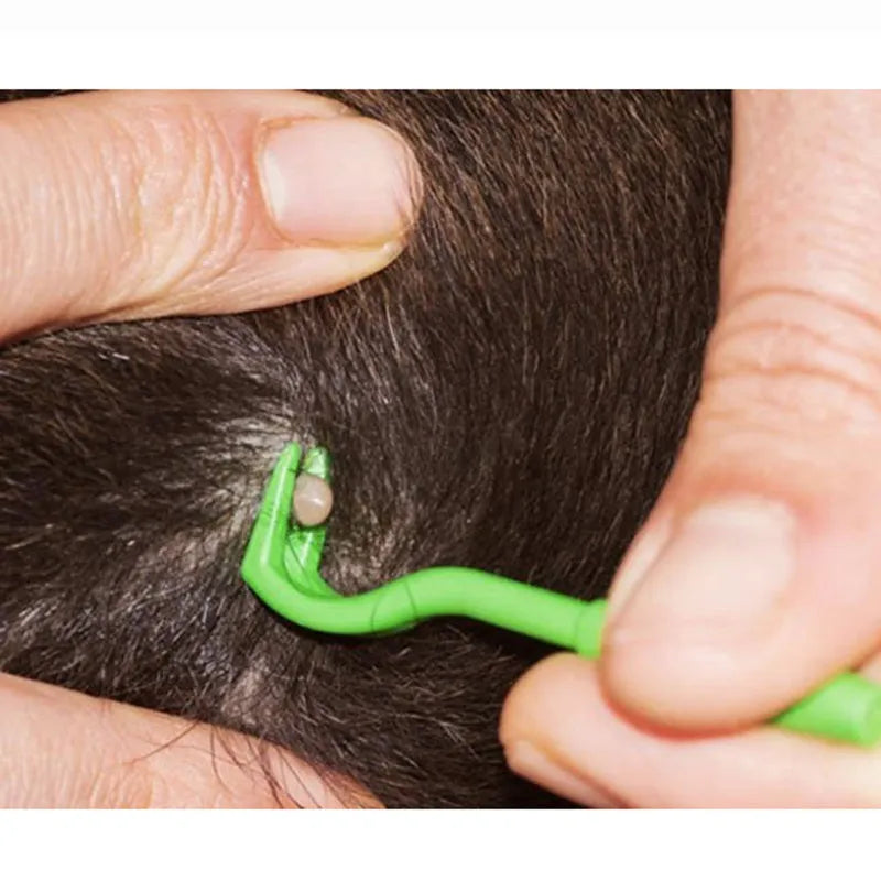 Three plastic tick removal clips for pets with hook design