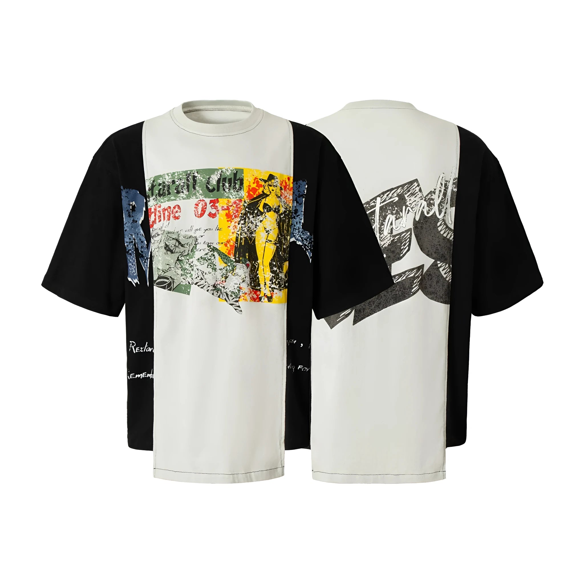 Black and white deconstructed print cotton blend t-shirt with loose fit and short sleeves