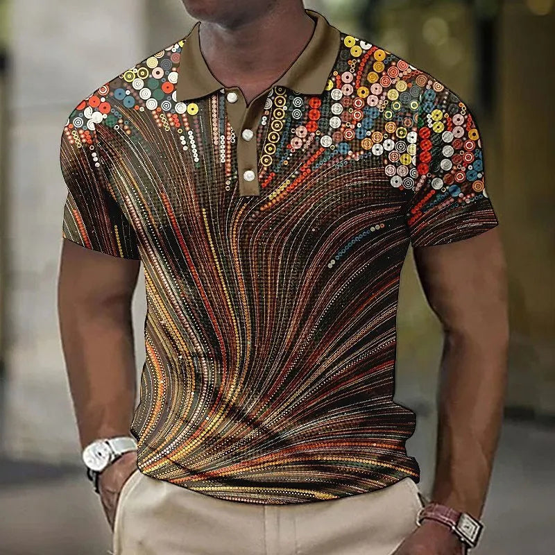Men's geometric printed striped short sleeve button shirt with asymmetric styling