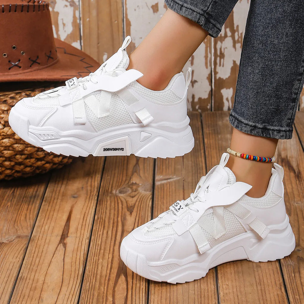 Women's purple animal pattern platform mesh dad shoes with lace-up front.