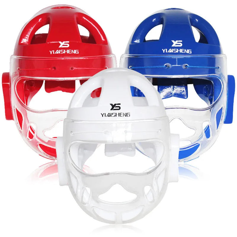 A white, blue, and red karate boxing helmet with chin strap for head protection.