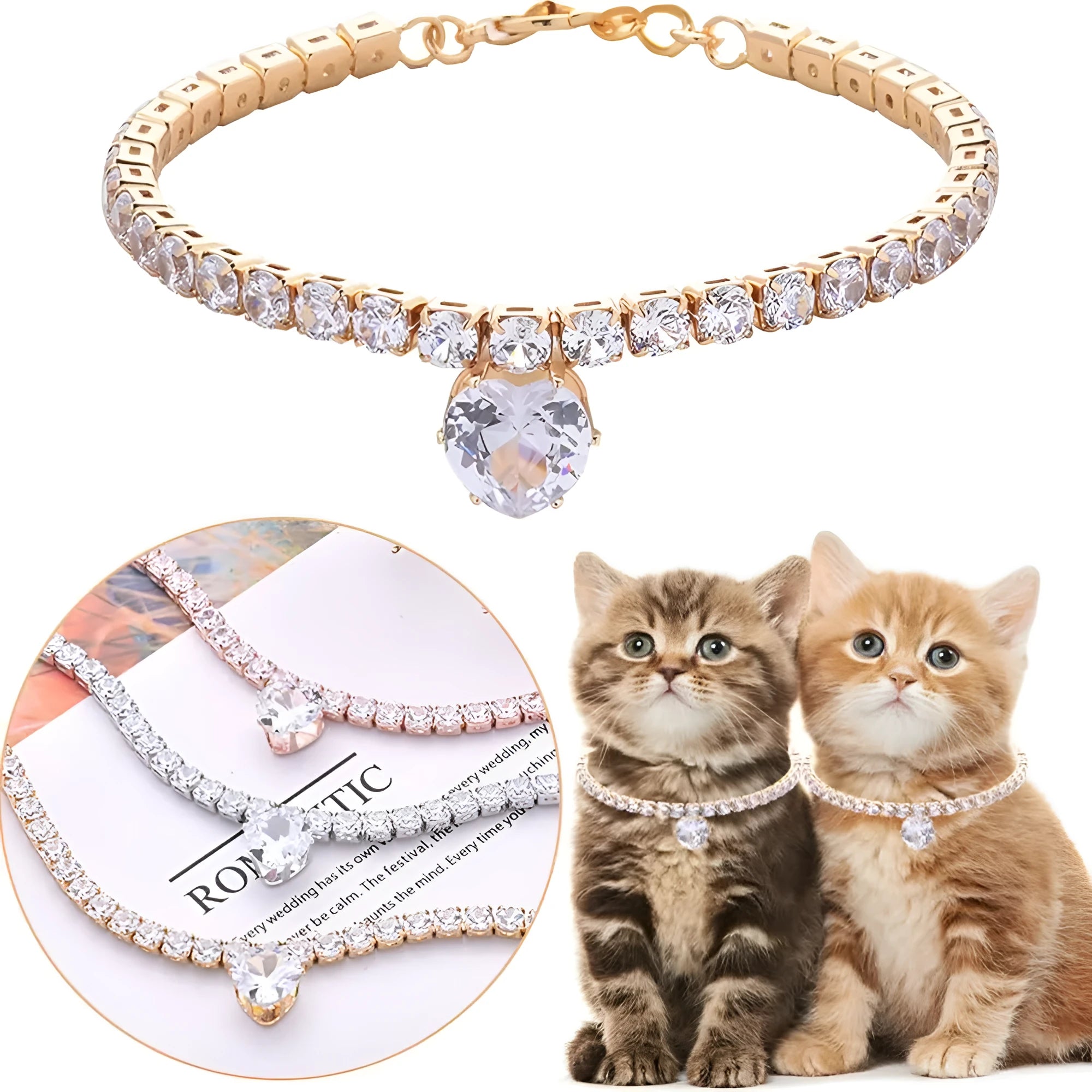 Gold rhinestone heart shaped pet collar for dogs and cats with adjustable chain