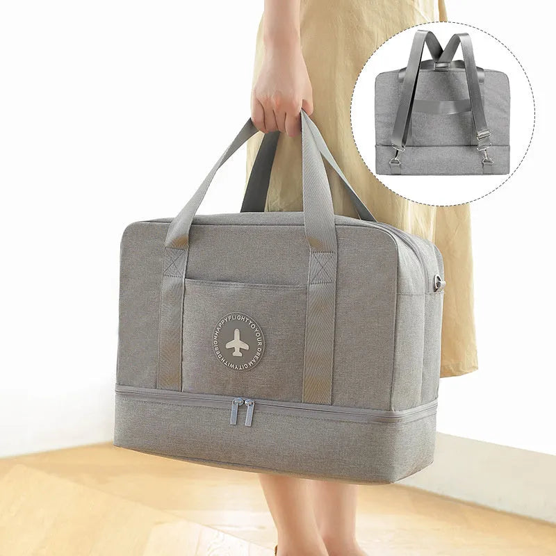 Dry and wet separation travel bag in purple made of waterproof cationic Oxford cloth, showing cube shape with double chambers