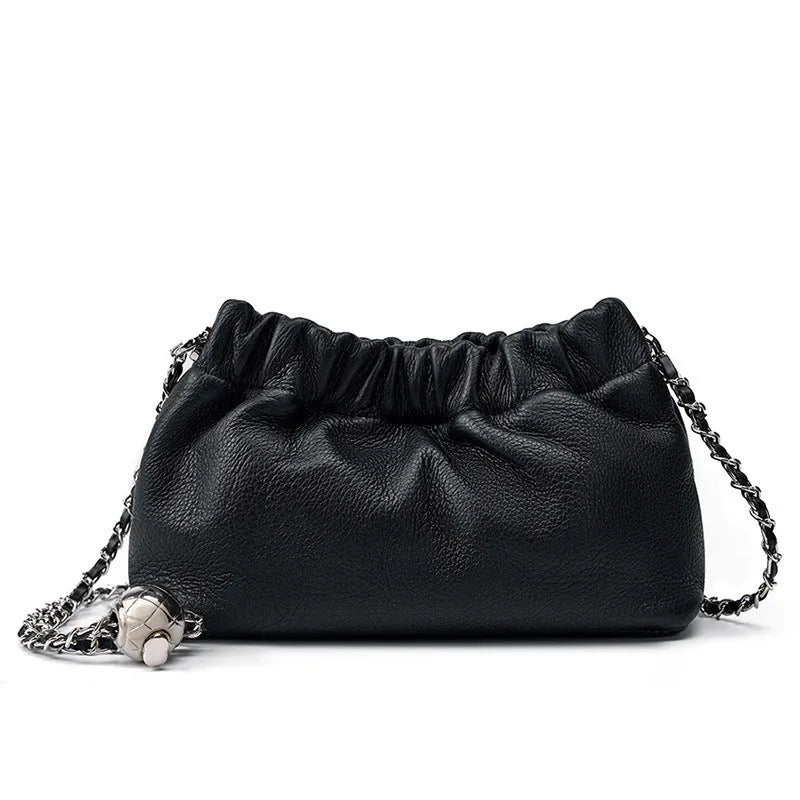 Women's soft genuine leather dumpling-shaped crossbody bag in grey with a chain shoulder strap.