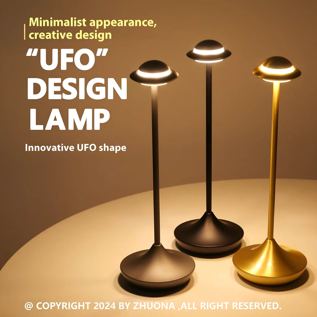 Modern metallic UFO-shaped rechargeable table lamp with touch dimming in black finish.