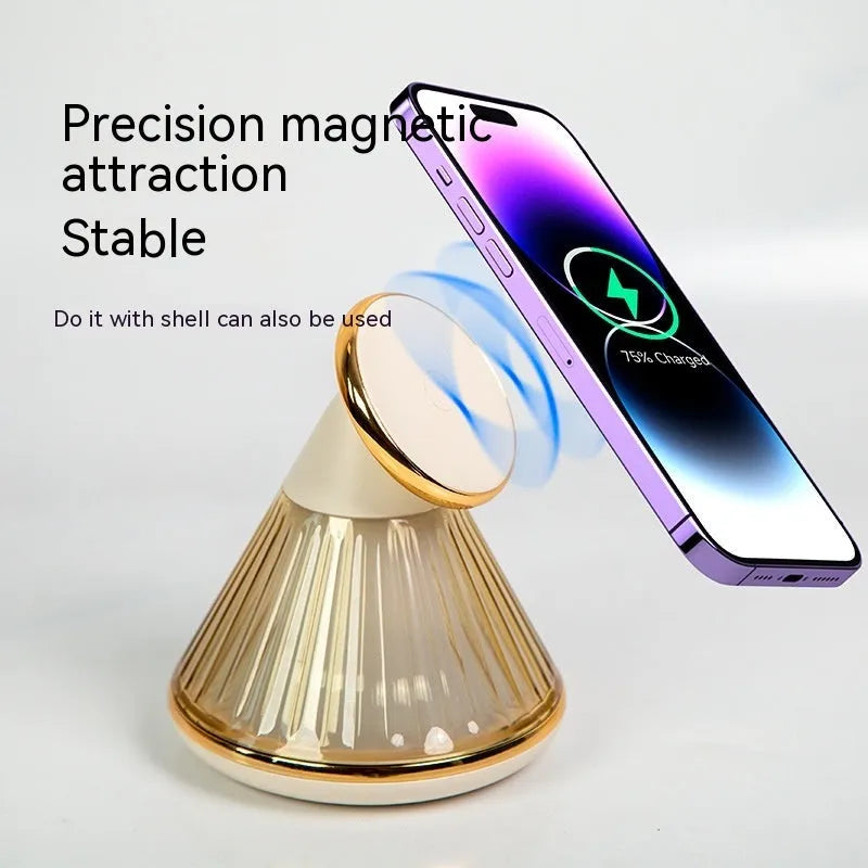 Champagne gold night table lamp with magnetic base and integrated 15W wireless charging pad