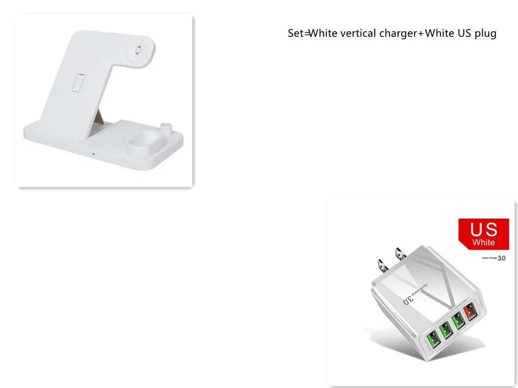 White 4-in-1 wireless charging station with phone on adjustable stand, Apple Watch, AirPods and Apple Pencil charging.