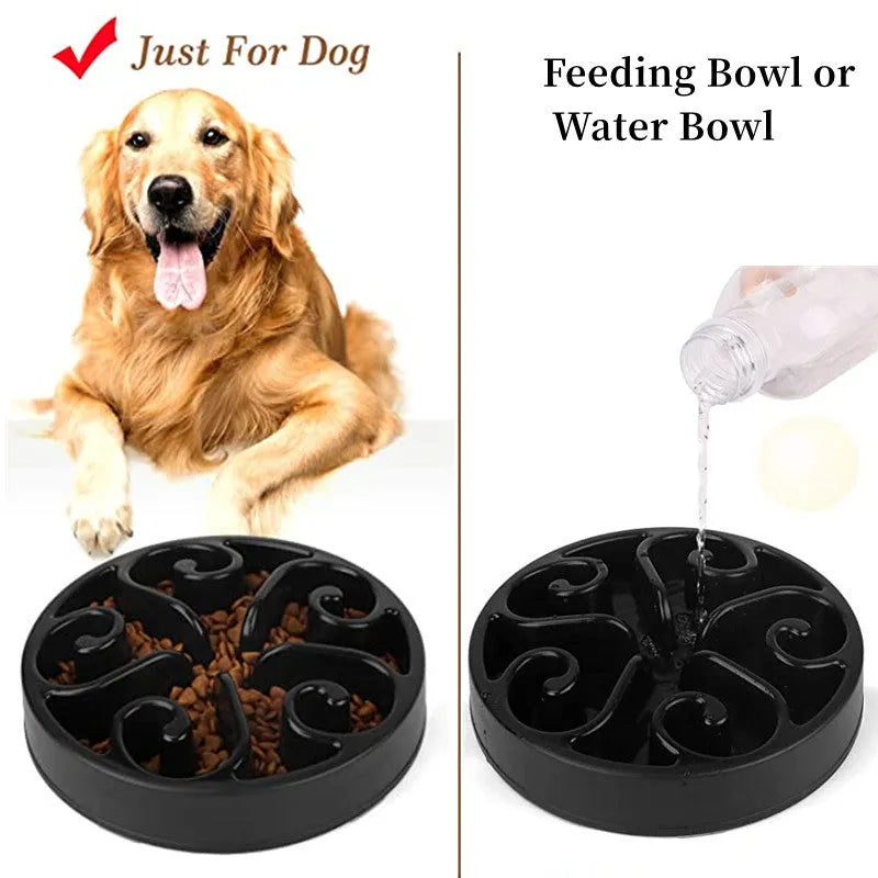 A slow feeder dog bowl with a maze pattern inside, shown in one of six available colours on a non-slip base.