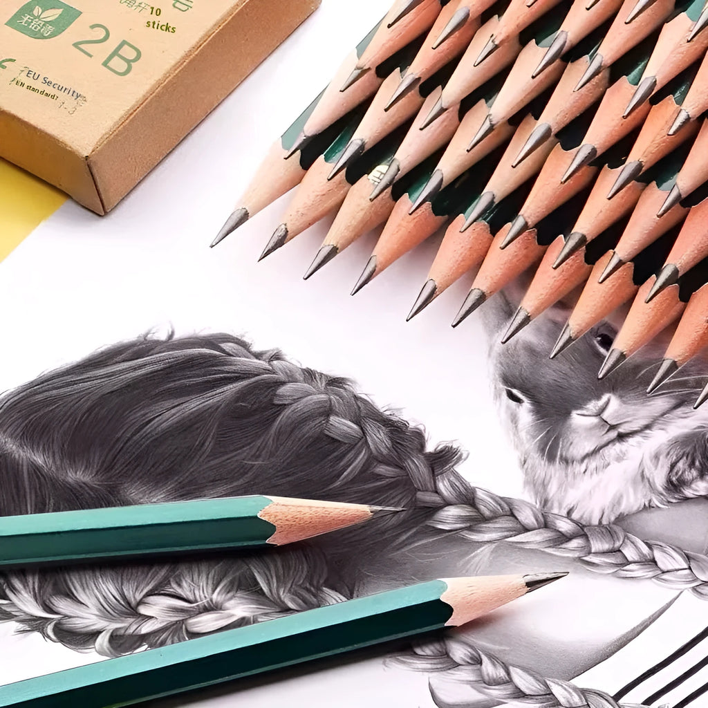 Box of ten green hexagonal wooden pencils, showing HB and 2B grades for writing and sketching.