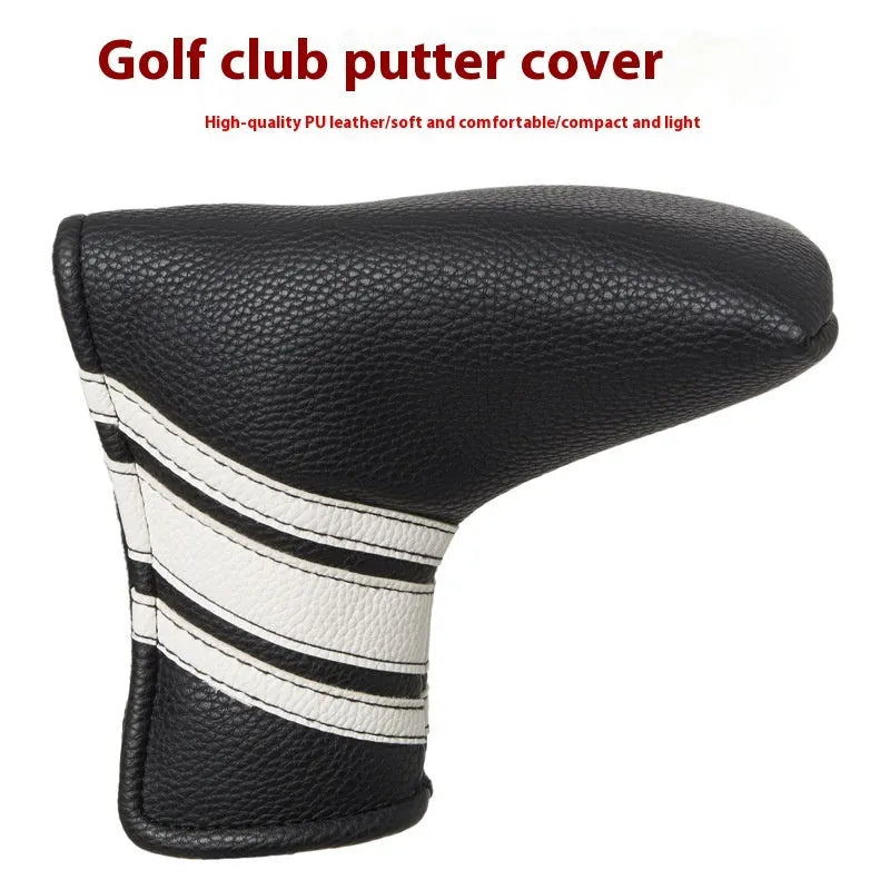 Black PU leather golf push rod sleeve case for storing a club head cover.