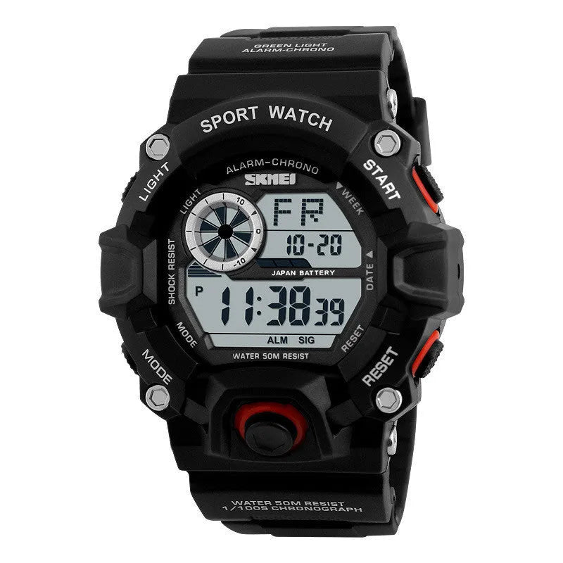 Digital sport watch with round dial, plastic strap, showing GMT display, in army green colour option.