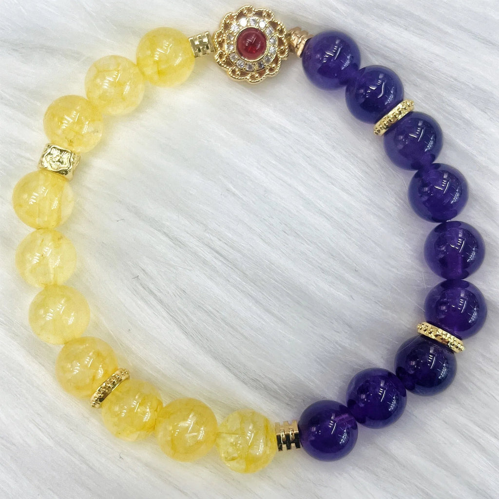 Handmade women's yellow and purple crystal bracelet with amethyst beads